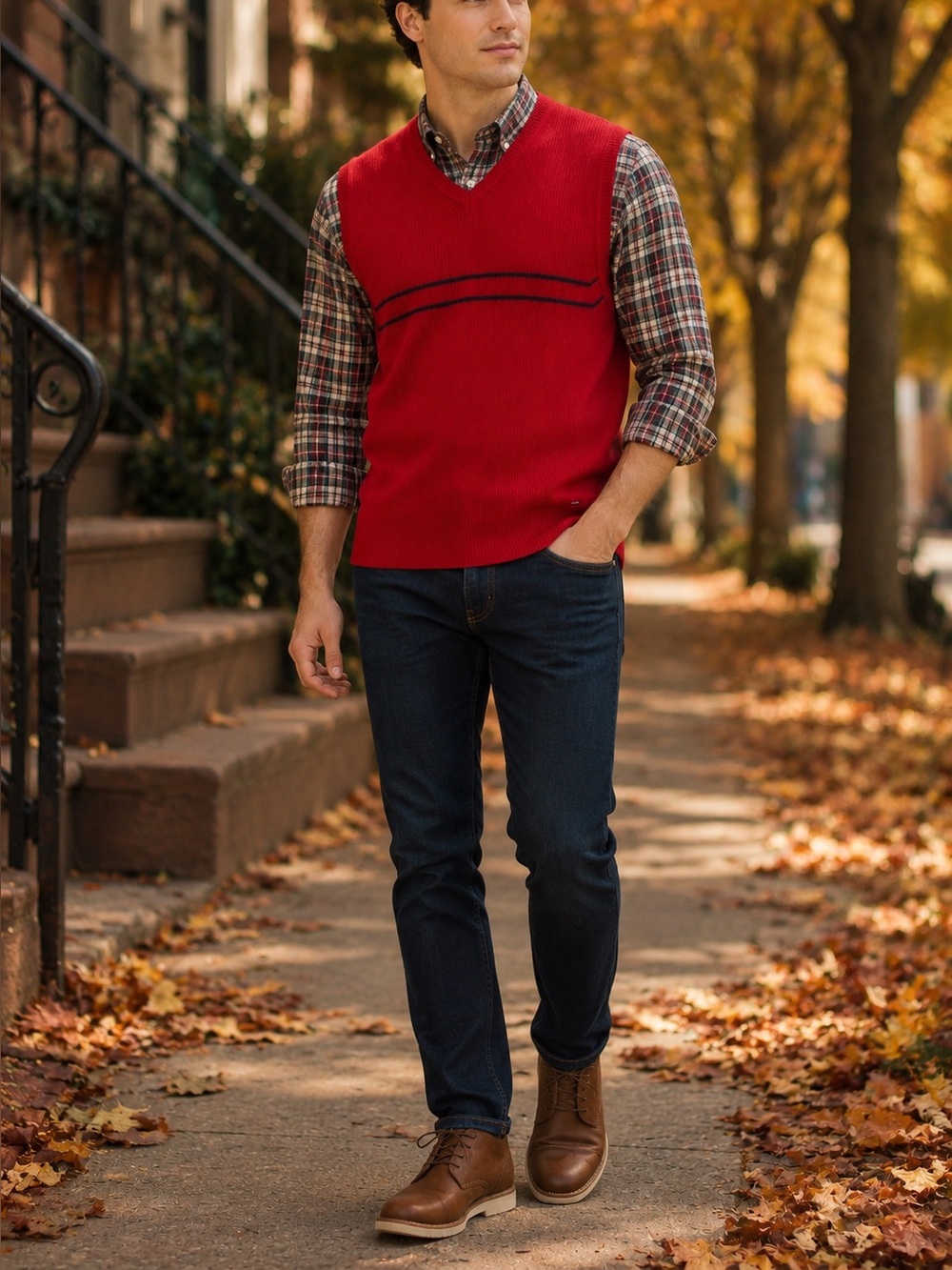 Tommy Hilfiger Red Ribbed Cotton Sweater Vest – Men’s Size L 90s Preppy Layering